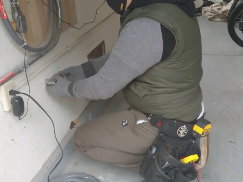 Electrician performing outlet wiring in a Pleasant Run garage